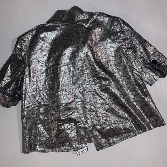 GRYPHON SILVER FOIL BLACK COVERED CROPPED SWING LINEN JACKET Sz M #191 - Picture 7 of 7